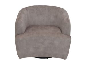 Een moderne, taupekleurige fauteuil met zachte, afgeronde randen en een pluchen zitting. De stoel heeft een strak, minimalistisch design met een brede rugleuning en armleuningen, allemaal bekleed met gladde stof. De achtergrond is effen wit.