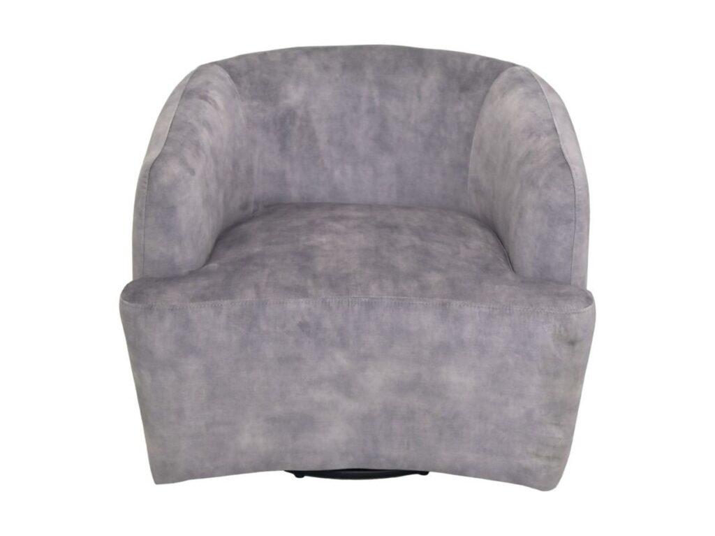 Een grijze, ronde fauteuil met een zachte, gladde textuur en modern design. Het heeft een gebogen rugleuning en een oversized zitting, wat zorgt voor een gezellige en stijlvolle uitstraling. De stoel staat in het midden tegen een effen witte achtergrond.