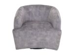 Een grijze, ronde fauteuil met een zachte, gladde textuur en modern design. Het heeft een gebogen rugleuning en een oversized zitting, wat zorgt voor een gezellige en stijlvolle uitstraling. De stoel staat in het midden tegen een effen witte achtergrond.