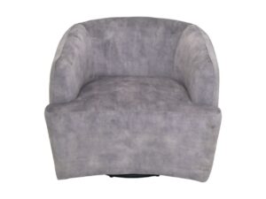 Een grijze, ronde fauteuil met een zachte, gladde textuur en modern design. Het heeft een gebogen rugleuning en een oversized zitting, wat zorgt voor een gezellige en stijlvolle uitstraling. De stoel staat in het midden tegen een effen witte achtergrond.