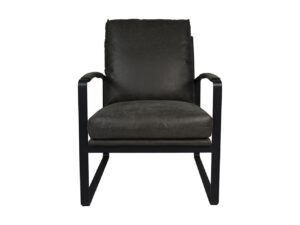 Zwarte leren fauteuil met een strak, modern design. De stoel heeft een gewatteerde zitting en rugleuning met stevige metalen armen en poten. Perfect voor een eigentijdse leefruimte.