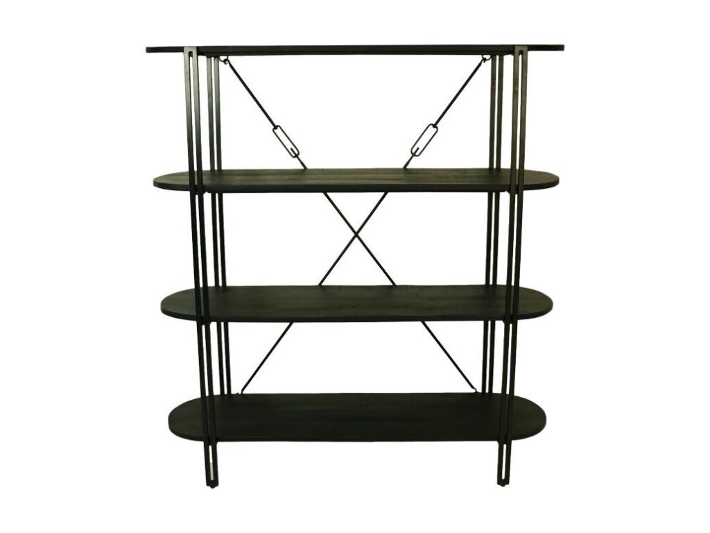 Een zwarte metalen stellingkast met vier ovale houten planken en metalen dwarsbalken aan de achterkant voor stabiliteit. Het ontwerp is modern en minimalistisch, met open zijkanten en een bovenste plank die iets kleiner is dan de andere.
