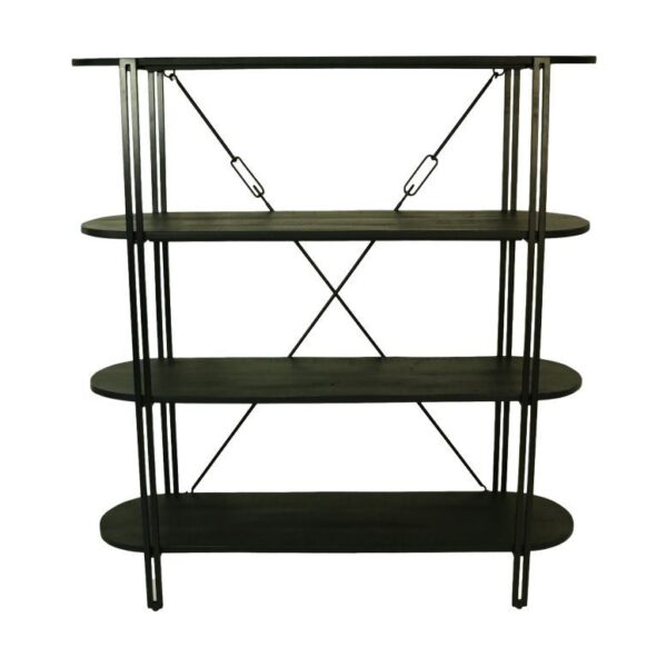 Een zwarte metalen stellingkast met vier ovale houten planken en metalen dwarsbalken aan de achterkant voor stabiliteit. Het ontwerp is modern en minimalistisch, met open zijkanten en een bovenste plank die iets kleiner is dan de andere.
