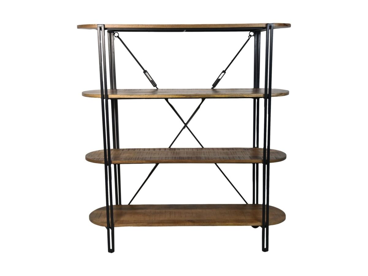 Een hoge, vierlaagse boekenplank met ronde houten planken en een zwart metalen frame. Het frame is voorzien van diagonale kruisversterking voor ondersteuning. Elke plank heeft een natuurlijke houtafwerking.