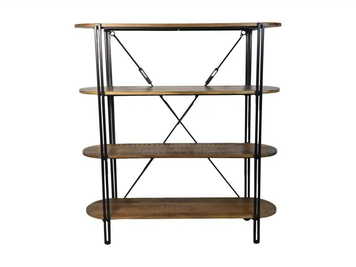 Een hoge, vierlaagse boekenplank met ronde houten planken en een zwart metalen frame. Het frame is voorzien van diagonale kruisversterking voor ondersteuning. Elke plank heeft een natuurlijke houtafwerking.