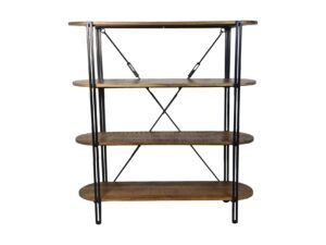 Een hoge, vierlaagse boekenplank met ronde houten planken en een zwart metalen frame. Het frame is voorzien van diagonale kruisversterking voor ondersteuning. Elke plank heeft een natuurlijke houtafwerking.