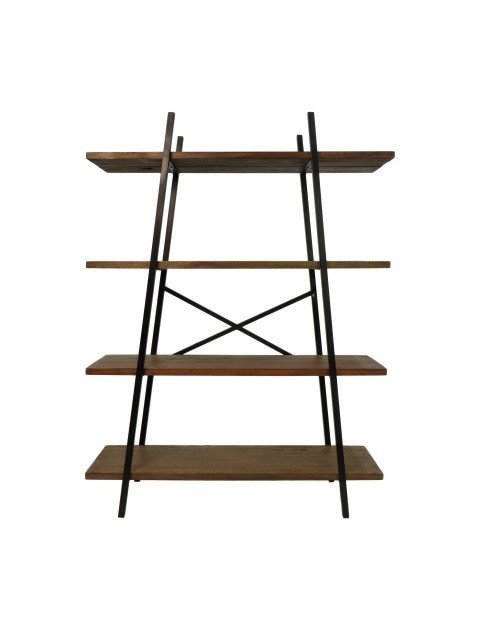 Een ladderschap met vier lagen en een minimalistisch design. Het heeft houten planken die worden ondersteund door zwarte metalen poten en dwarsbalken. De structuur is open en hoekig, wat het een moderne en industriële look geeft.