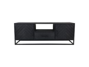Een strak, donkerhouten dressoir met een geometrisch chevronpatroon. Het heeft twee kasten aan elke kant, een open plank in het midden en een lade eronder. De unit rust op een minimalistisch metalen frame.