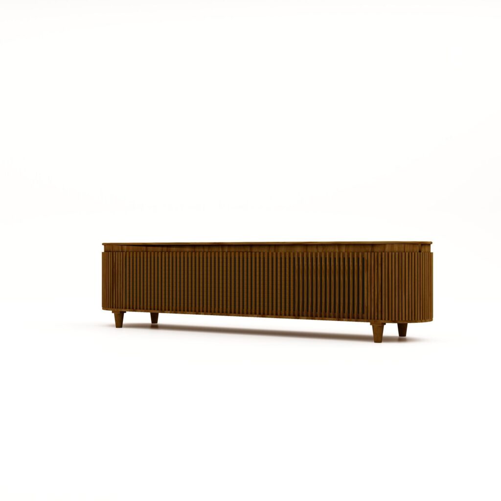 Een lange, houten dressoir met verticale latten en vier taps toelopende poten tegen een effen witte achtergrond. Het ontwerp is minimalistisch en modern.