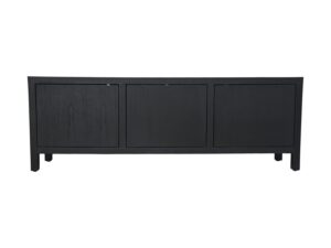 Zwarte houten dressoir met drie deuren, met een minimalistisch design en verhoogd op korte poten. Vooraanzicht.
