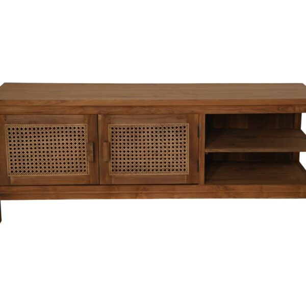 Een houten kast met twee geweven gaasdeuren aan de linkerkant en twee open planken aan de rechterkant. Het heeft een natuurlijke houtafwerking en staat op vier poten.