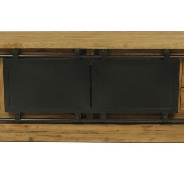 Een houten tv-standaard met een rustiek design, met vier lades aan beide uiteinden en twee zwarte schuifdeuren in het midden. De standaard heeft een stevig frame met een natuurlijke houten afwerking.