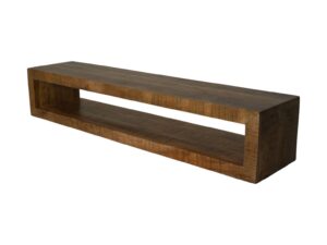 Houten rechthoekige plank met een open midden, die een minimalistisch ontwerp laat zien. De plank heeft een natuurlijke houtnerfstructuur en is geplaatst tegen een witte achtergrond. Het lijkt te zweven, met strakke, rechte lijnen.