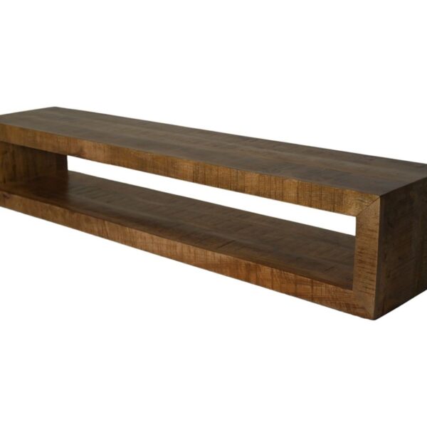 Houten rechthoekige plank met een open midden, die een minimalistisch ontwerp laat zien. De plank heeft een natuurlijke houtnerfstructuur en is geplaatst tegen een witte achtergrond. Het lijkt te zweven, met strakke, rechte lijnen.