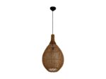 Een geweven rotan hanglamp met een langwerpige traanvorm hangt aan een zwart snoer. Het ingewikkelde geweven patroon laat licht door, wat een warme en natuurlijke esthetiek creëert.