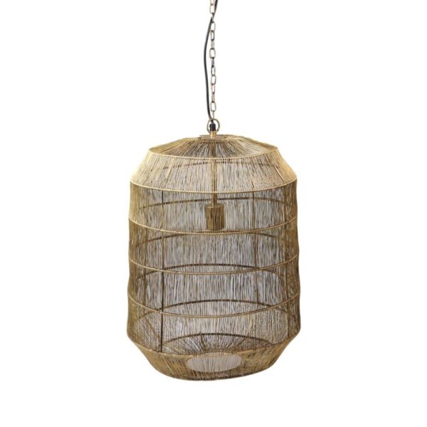 Een grote, decoratieve hanglamp gemaakt van ingewikkeld geweven rotanvezels, die een cilindrische vorm vormen met een licht taps toelopende boven- en onderkant. Hij hangt aan een ketting en vertoont een natuurlijk, rustiek ontwerp.