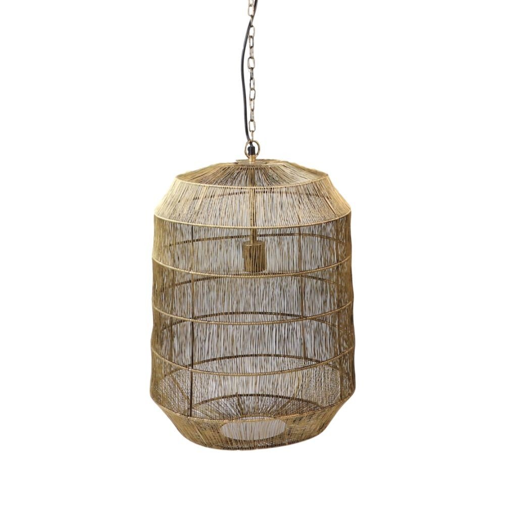Een grote, decoratieve hanglamp gemaakt van ingewikkeld geweven rotanvezels, die een cilindrische vorm vormen met een licht taps toelopende boven- en onderkant. Hij hangt aan een ketting en vertoont een natuurlijk, rustiek ontwerp.