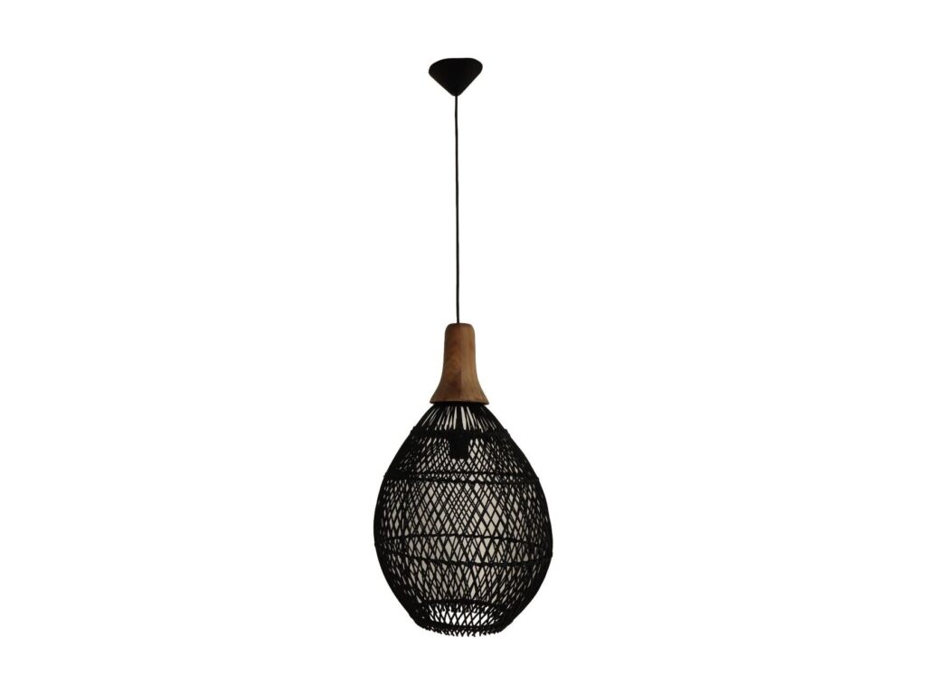 Een moderne zwarte hanglamp met een draadgaasontwerp, hangend aan een snoer. De lamp heeft een traanvorm met een houten accent aan de bovenkant.