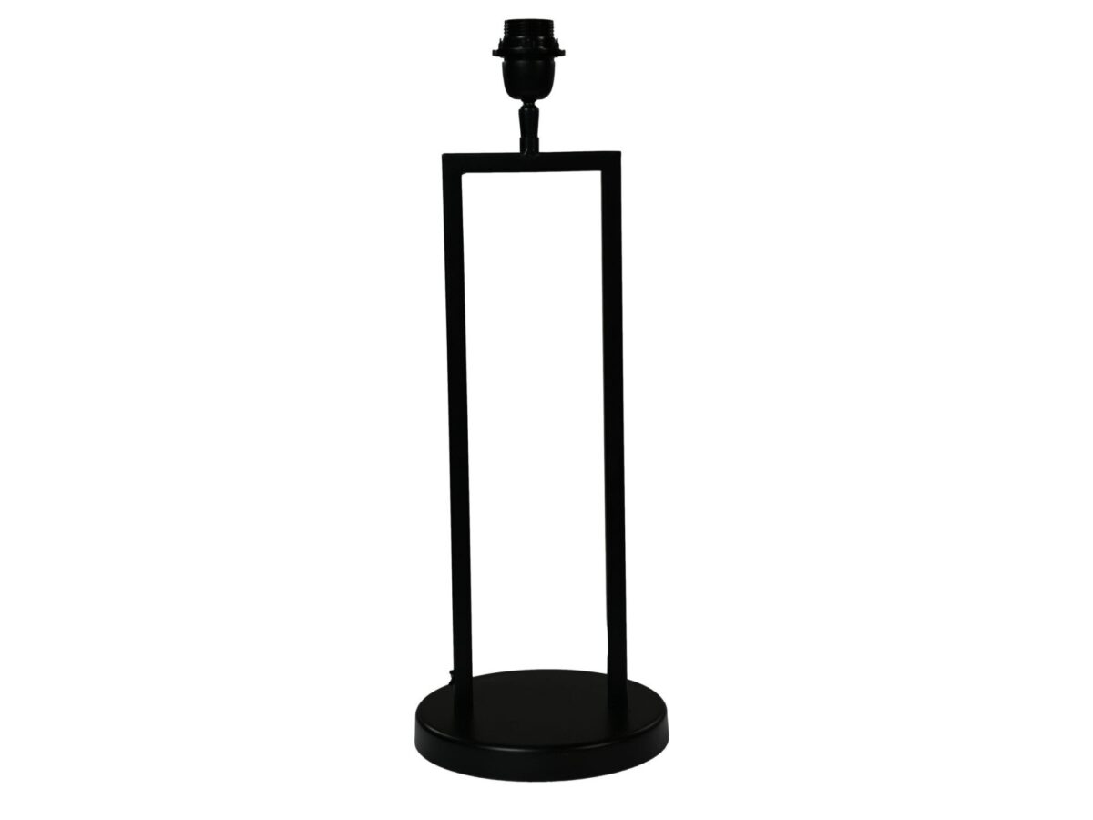Een zwarte, rechthoekige, moderne lampvoet met een minimalistisch design. Het heeft een rond bodemplatform en een leeg rechthoekig frame dat naar de lamphouder aan de bovenkant leidt.