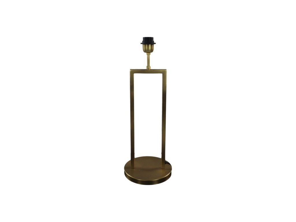 Een minimalistische tafellamp met een rechthoekig open frame, messing afwerking en een ronde voet. De lamp heeft geen lampenkap, waardoor de lamphouder aan de bovenkant zichtbaar is. Het ontwerp is modern en strak, tegen een effen witte achtergrond.