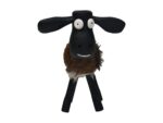 Een grillig, cartoonachtig schaapfiguurtje staat met zwarte oren, poten en kop. Het heeft brede, witte ogen en een fuzzy bruin en wit lichaam. De uitdrukking van het schaap lijkt speels en humoristisch.