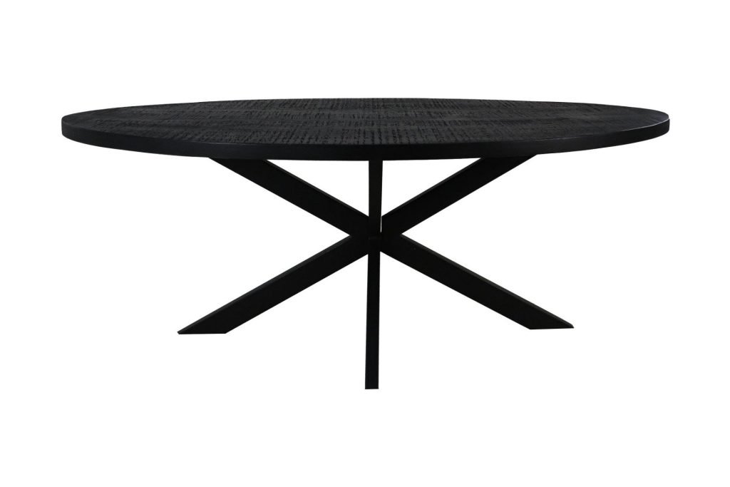 Een ronde, donkere houten tafel met een glad oppervlak en een uniek gekruist pootontwerp voor ondersteuning. Het tafelblad is eenvoudig en minimalistisch, terwijl de basis een moderne geometrische toets toevoegt. De achtergrond is effen wit.
