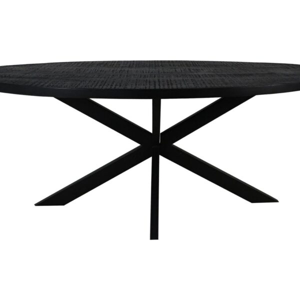 Een ronde, donkere houten tafel met een glad oppervlak en een uniek gekruist pootontwerp voor ondersteuning. Het tafelblad is eenvoudig en minimalistisch, terwijl de basis een moderne geometrische toets toevoegt. De achtergrond is effen wit.
