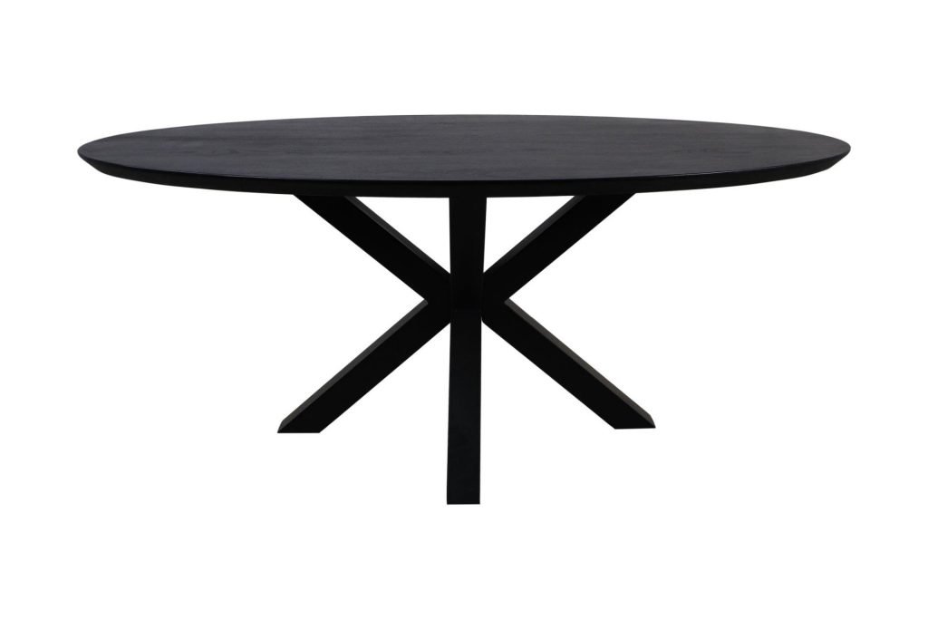 Een zwarte ronde tafel met een strak, minimalistisch design. Het heeft een plat, glad tafelblad dat wordt ondersteund door een moderne, kruislings geplaatste basis met vier poten die in het midden samenkomen en een "X"-vorm vormen.