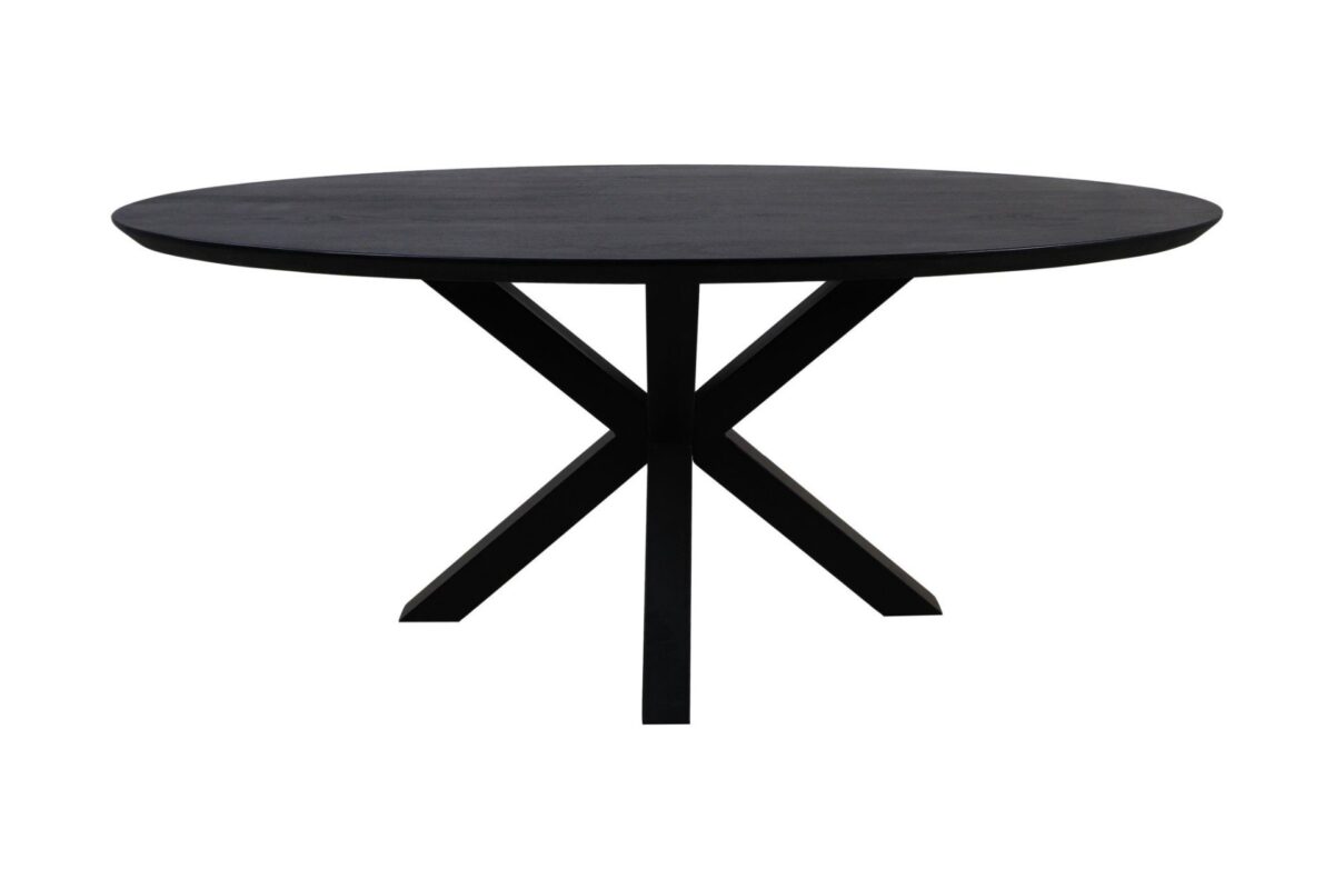 Een zwarte ronde tafel met een strak, minimalistisch design. Het heeft een plat, glad tafelblad dat wordt ondersteund door een moderne, kruislings geplaatste basis met vier poten die in het midden samenkomen en een "X"-vorm vormen.