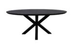 Een zwarte ronde tafel met een strak, minimalistisch design. Het heeft een plat, glad tafelblad dat wordt ondersteund door een moderne, kruislings geplaatste basis met vier poten die in het midden samenkomen en een "X"-vorm vormen.
