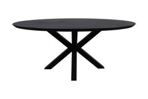 Een zwarte ronde tafel met een strak, minimalistisch design. Het heeft een plat, glad tafelblad dat wordt ondersteund door een moderne, kruislings geplaatste basis met vier poten die in het midden samenkomen en een "X"-vorm vormen.