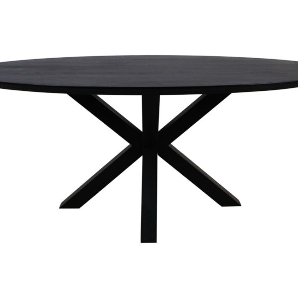 Een zwarte ronde tafel met een strak, minimalistisch design. Het heeft een plat, glad tafelblad dat wordt ondersteund door een moderne, kruislings geplaatste basis met vier poten die in het midden samenkomen en een "X"-vorm vormen.