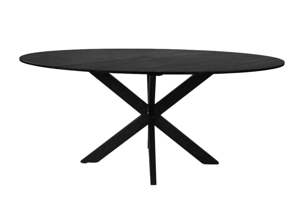 Een ronde, zwarte houten tafel met een glad oppervlak en een kruisvormig onderstel.