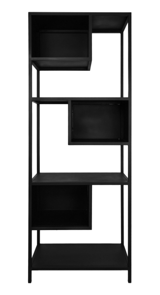 Een zwarte, geometrische boekenplank met een minimalistisch design, met asymmetrische, doosachtige compartimenten. De structuur heeft een moderne esthetiek, geschikt voor hedendaagse interieurs.