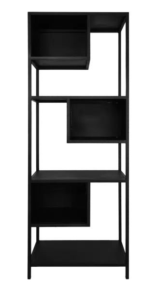 Een zwarte, geometrische boekenplank met een minimalistisch design, met asymmetrische, doosachtige compartimenten. De structuur heeft een moderne esthetiek, geschikt voor hedendaagse interieurs.