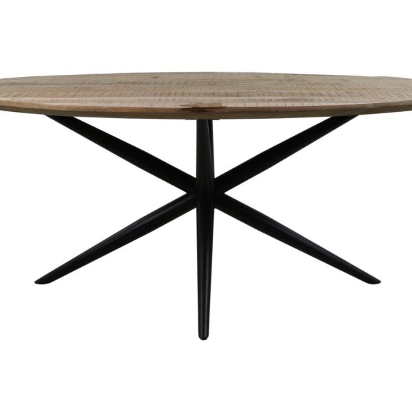 Een ronde houten tafel met een glad blad en een onderstel dat bestaat uit vier zwarte, schuine poten die in het midden samenkomen.