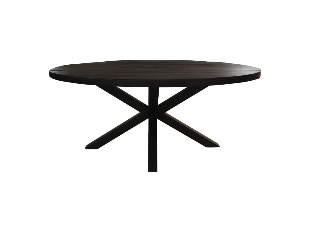 Ronde houten tafel met een donkere afwerking, met een enkele, centrale voet die in vier schuin geplaatste poten is verdeeld.