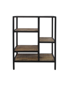 Een metalen stellingkast met drie houten planken aan de linkerkant en twee aan de rechterkant, die open opbergruimte bieden. Het ontwerp is minimalistisch en industrieel, geschikt voor thuis of op kantoor.