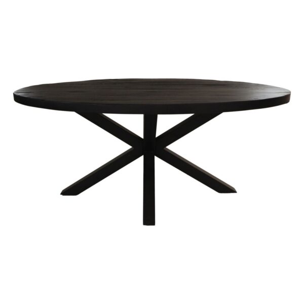 Ronde houten tafel met een donkere afwerking, met een enkele, centrale voet die in vier schuin geplaatste poten is verdeeld.