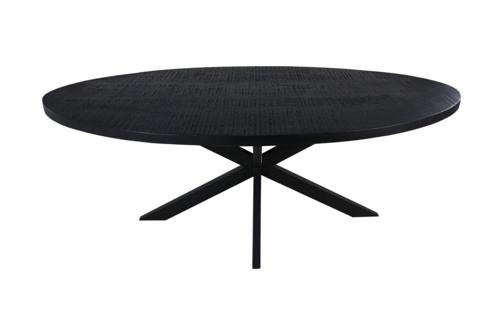 Ronde zwarte houten tafel met een glad bovenoppervlak. De tafel heeft een modern design met een kruisvormige basis voor ondersteuning. De getextureerde afwerking op het tafelblad voegt een vleugje elegantie toe.