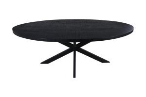 Ronde zwarte houten tafel met een glad bovenoppervlak. De tafel heeft een modern design met een kruisvormige basis voor ondersteuning. De getextureerde afwerking op het tafelblad voegt een vleugje elegantie toe.