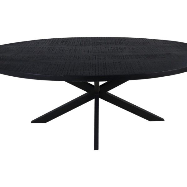 Ronde zwarte houten tafel met een glad bovenoppervlak. De tafel heeft een modern design met een kruisvormige basis voor ondersteuning. De getextureerde afwerking op het tafelblad voegt een vleugje elegantie toe.