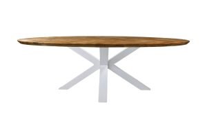 Een ronde houten tafel met een patroonblad en een witte, vierpotige voet. De tafel staat tegen een effen witte achtergrond.