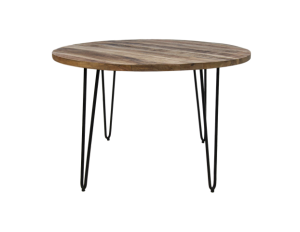 Ronde houten tafel met een glad, lichtbruin oppervlak en slanke, zwarte metalen haarspeldpoten.