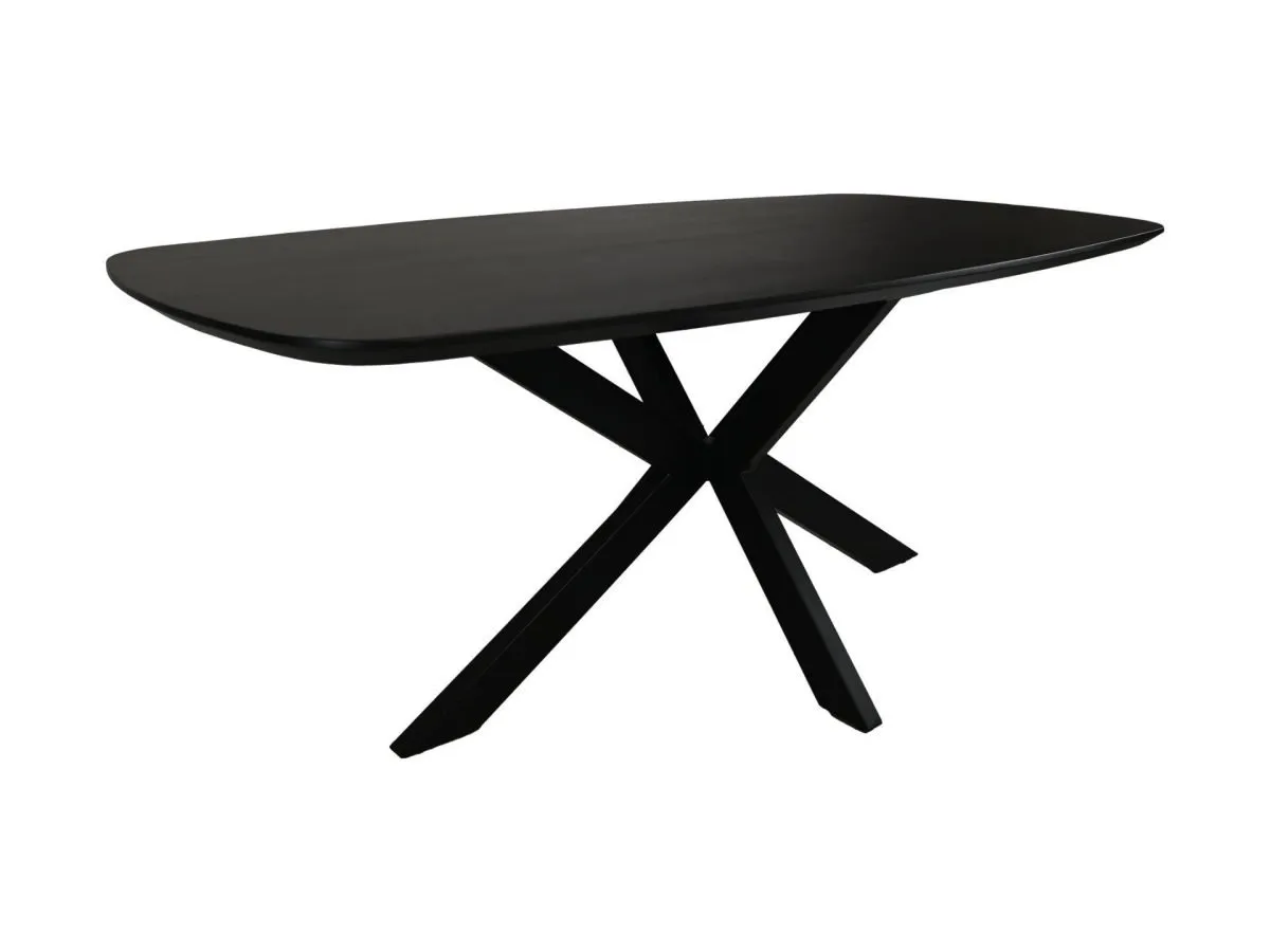 Een moderne, rechthoekige zwarte tafel met afgeronde randen. Het heeft een unieke X-vormige basis, wat zorgt voor een strak en minimalistisch design. De tafel staat op een witte achtergrond.