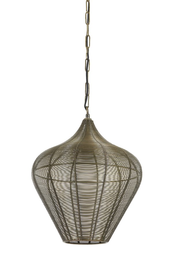 Een traanvormige, geweven metalen hanglamp hangt aan een ketting. Het heeft een ingewikkeld traliewerkontwerp met een bronzen afwerking, wat een industriële en artistieke look creëert.