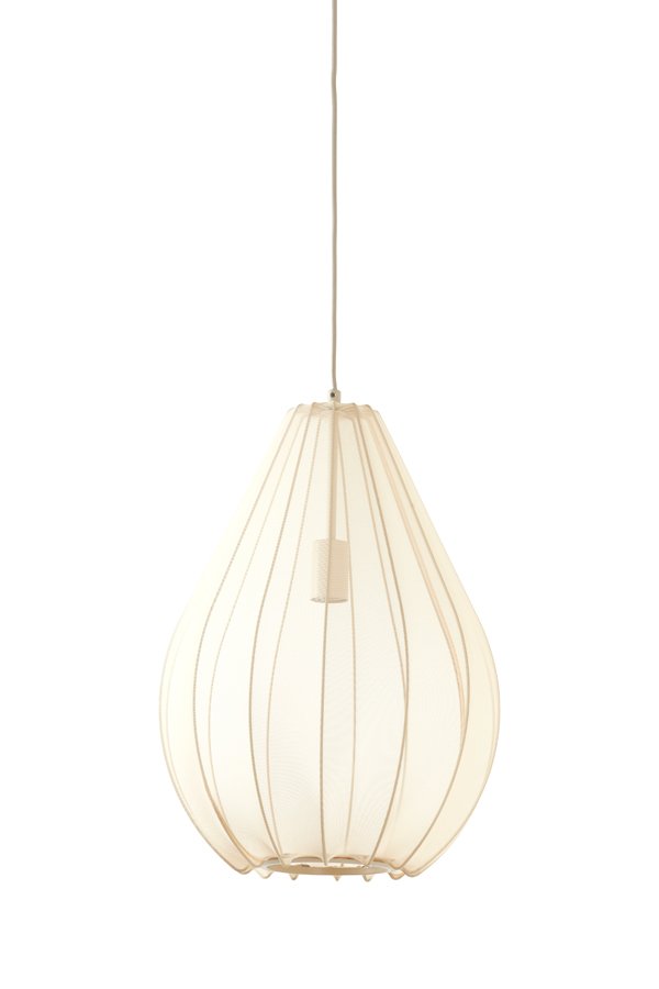 Een druppelvormige hanglamp met een witte stoffen kap en een dun frame, hangt met een snoer aan het plafond.