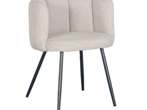Een lichtbeige, gestoffeerde stoel met een ronde rugleuning en vier zwarte metalen poten. De stoel heeft een modern design met een structuurstof en een open rug, geschikt voor hedendaagse interieurs.