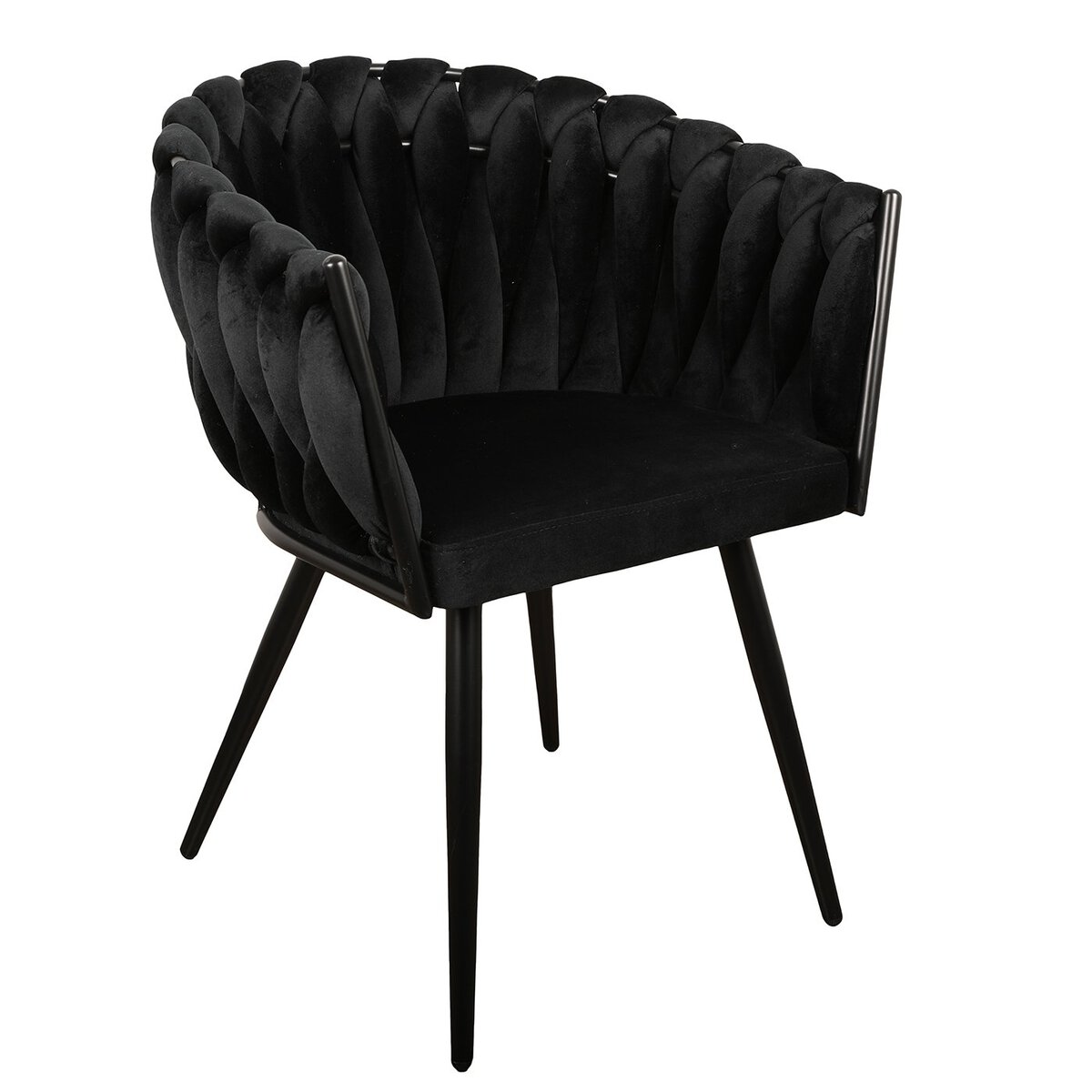 Een zwarte fluwelen stoel met een ingewikkeld gecapitonneerde rugleuning en strakke, hoekige poten. Het ontwerp is modern en elegant, met de nadruk op een luxe, comfortabele uitstraling.
