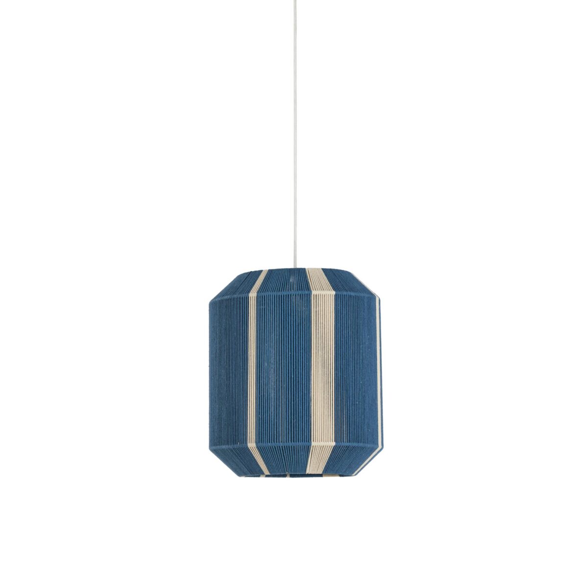 Een moderne hanglamp met een blauwe, cilindrische kap met verticale beige strepen. De lamp hangt aan een wit snoer tegen een effen witte achtergrond.